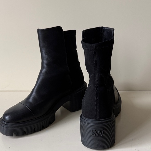 Women's Black Chunky Platform Leather Ankle Boots - Picture 2 of 3